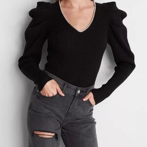 Express Black V-Neck Sweater with Embellished Trim